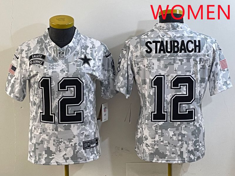 Women Dallas Cowboys #12 Staubach Camo Nike Olive Salute To Service Limited NFL Jersey style 1